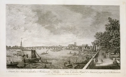 Ein Blick von Somerset Gardens zur Westminster Bridge, graviert von Johann Sebastian Mueller (um 1715-92) 1750